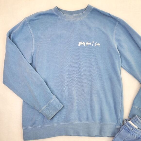 Phenomenal Blue Pullover Sweater and Jogger Never Have I Ever Slogan Size Medium - Picture 3 of 17